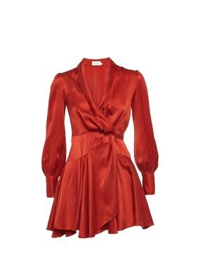 bebe Red Satin Wrap Long Sleeve Mini Dress